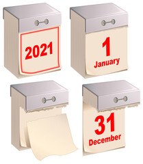 Set tear off calendar 2021 isolated on white. Blank sheets calendar template
