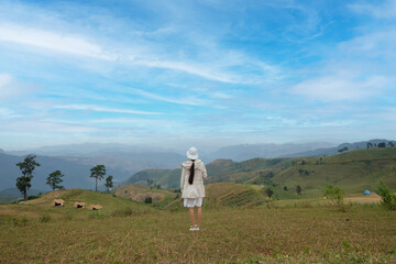 Holiday beautiful woman picnic at mountain view and summer relaxing