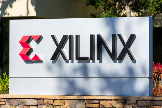 Xilinx sign, logo at headquarters. Xilinx is semiconductor manufacturing company. - San Jose, California, USA - 2020
