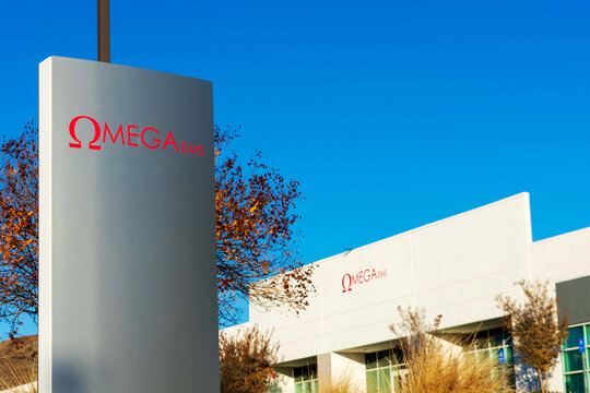 Omega EMS sign, logot at headquarters. Omega Electronics Manufacturing Services provides the one stop solution for EMS needs. - San Jose, California, USA - 2020