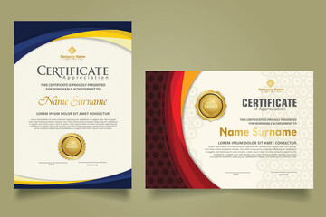 Set modern certificate template with futuristic and elegant color wave shape on the ornament and modern pattern background