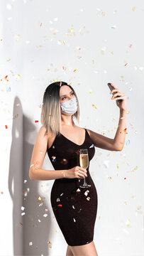 A Gorgeous Blonde In A Maroon Mini Dress And A Medical Mask Talks On A Video Link On The Phone And Holds A Glass Of Champagne, And Confetti Falls On A White Background