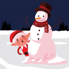 merry christmas elf and snowman in the snow scene
