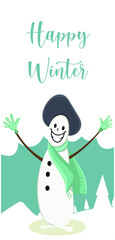 cute snowman cartoon character banner for winter greeting and winter holidays concept