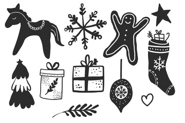 Christmas black and white doodle illustrations objects in scandinavian style hygge