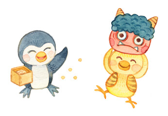 節分の豆まきをするヒヨコとペンギン