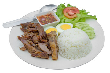 Boiled egg mix with stir fried pork with garlic as serve with streamed rice.