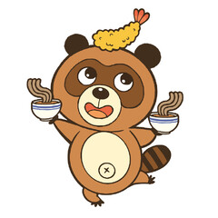 陽気なたぬき。両手にそばのどんぶり、頭にエビの天ぷらを乗せている。線あり。