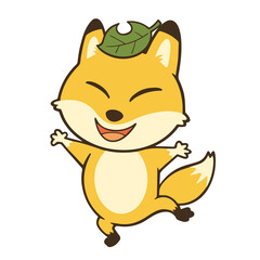葉っぱを頭に乗せている、陽気なキツネ。線あり。