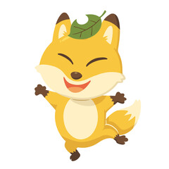 葉っぱを頭に乗せている、陽気なキツネ。線なし。