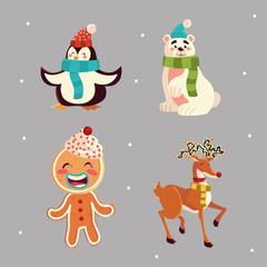 christmas cute penguin bear reindeer and gingerbread man icons