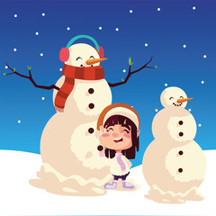 merry christmas little girl snowman with earmuffs in the snow celebrating
