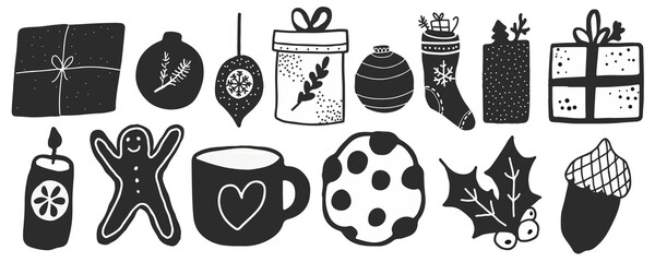 Christmas black and white doodle illustrations objects in scandinavian style hygge
