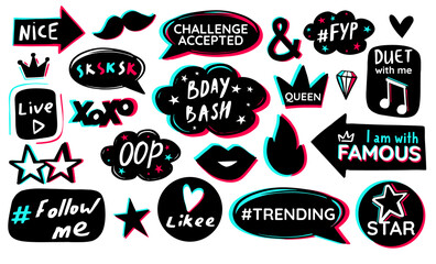 Black blue pink sticker pack white background. Modern music social media birthday celebration design. Icon fashion photo booth props. Vector graphic.