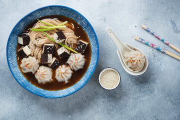 Blue plate with dumplings, udon noodles and chunks of tofu in miso broth, flatlay on a light-blue stone background, horizontal shot