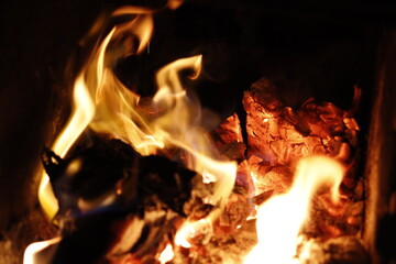 wood is burning in the fireplace