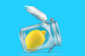 glass jar with lemon inside, on a blue background