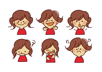 Fototapete 6種類の表情の手書き風女の子イラスト 線画 美輝 野上