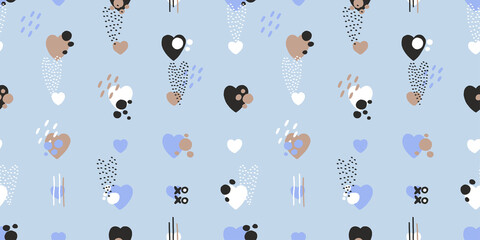 Abstract seamless pattern for Valentines day. Blue background with hearts. Cute hand-drawn simple illustration. Ornament for wrapping paper banner, postcard. Vector illustration about love.
