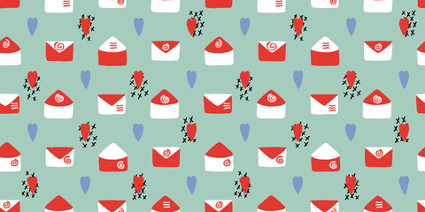 Abstract seamless pattern for Valentines day. Pastel background with hearts and letters. Cute hand-drawn simple illustration. Ornament for wrapping paper banner, postcard. Illustration about love.