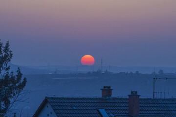 NECKARWESTHEIM, GERMANY - Aug 14, 2020: Sunset with a beautiful color