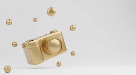 Gold camera on white background, technology concept. 3d rendering