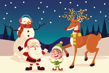 merry christmas santa helper snowman and reindeer in the snowy night