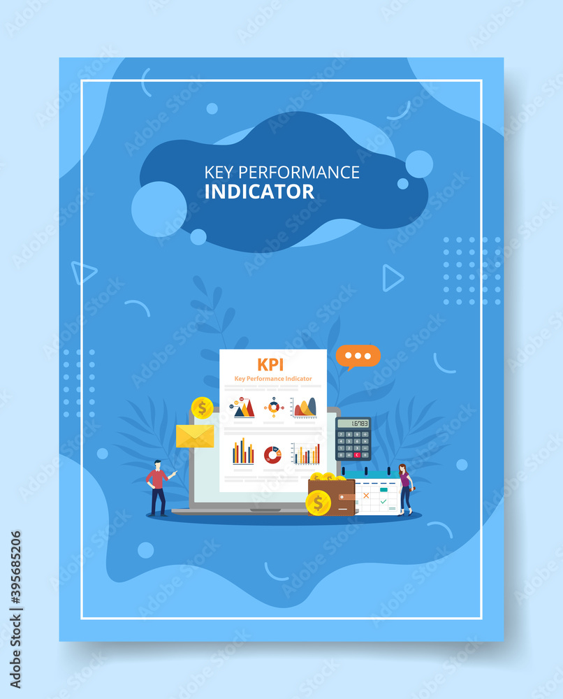 Aufkleber key performance indicator people standing around laptop curve bar pie chart on screen for template o