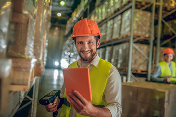 Warehouse worker in yellow vest holding the tablet and smiling