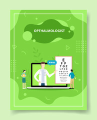 Fototapeta na wymiar ophthalmologist on screen display showing alphabet for people standing front laptop ophthalmologist template of banners, flyer, books cover, magazines with liquid shape style