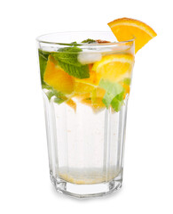 Glass of cold mojito on white background