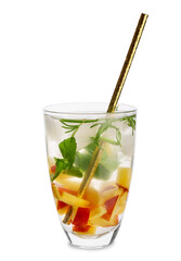 Glass of cold mojito with peach, citrus and mint on white background