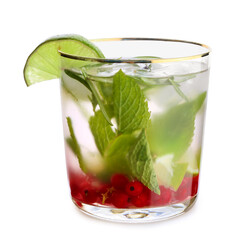 Glass of cold mojito with berries and fruits on white background