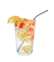 Glass of cold mojito with peach, citrus and mint on white background