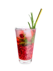 Glass of cold mojito with berries and fruits on white background