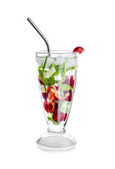 Glass of cold mojito with berries and fruits on white background