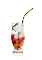 Glass of cold mojito with berries and fruits on white background