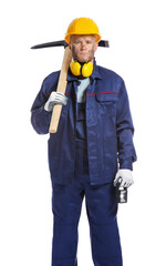 Miner man with pick axe on white background