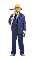 Miner man with pick axe on white background