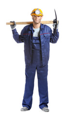 Miner man with pick axe on white background