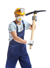 Miner man with pick axe on white background