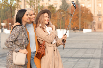 Beautiful young women taking selfie outdoors