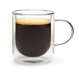 Cup of hot espresso on white background