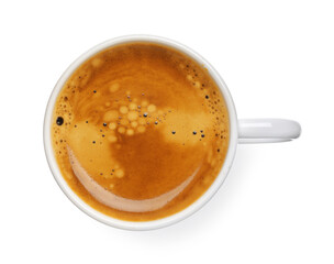 Cup of hot espresso on white background