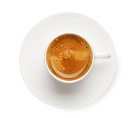 Cup of hot espresso on white background