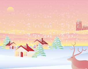 Obraz na płótnie Canvas winter landscape, village cottages deer trees and urban city snowfall scene