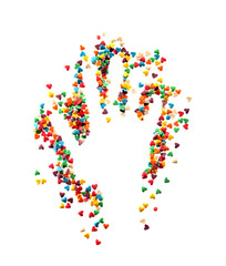 Palm print made of sweet colorful sprinkles on white background