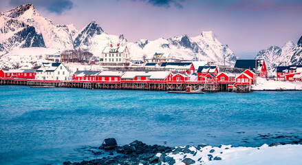 Splendid morning cityscape of Sakrisoy port. Colorfulwinter view of Lofoten Islands with Kvalvik bridge. Amazing sunrise on Norwegian sea. Great outdoor scene of Norway. Life over polar circle.