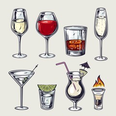 Cocktail set colored vector - glass of wine whiskey tequila martini shot champagne