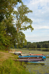 colorful wooden fishing boats by the river Danube in Vojvodina